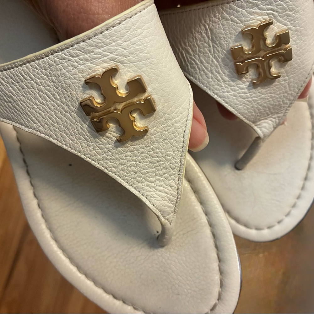 Tory Burch Cream Leather Logo Thong Sandals
